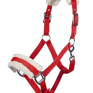 Cabezada cuadra HKM Sports Equipment borreguillo color rojo talla PONY - Imagen 1